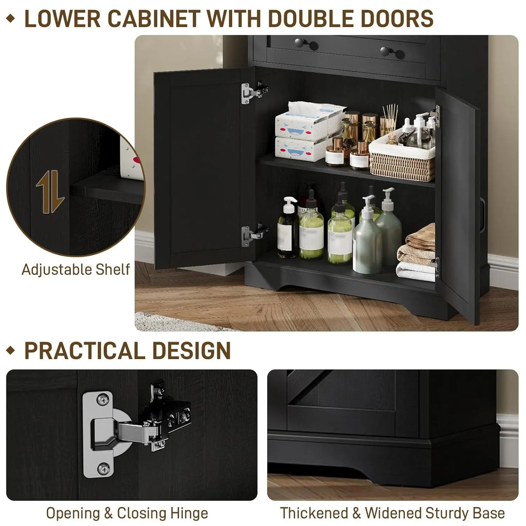 Farmhouse Bathroom Cabinet, 70" Tall Bathroom Storage Cabinet with 3 Drawers, Adjustable Shelves & Doors, 3 Tier