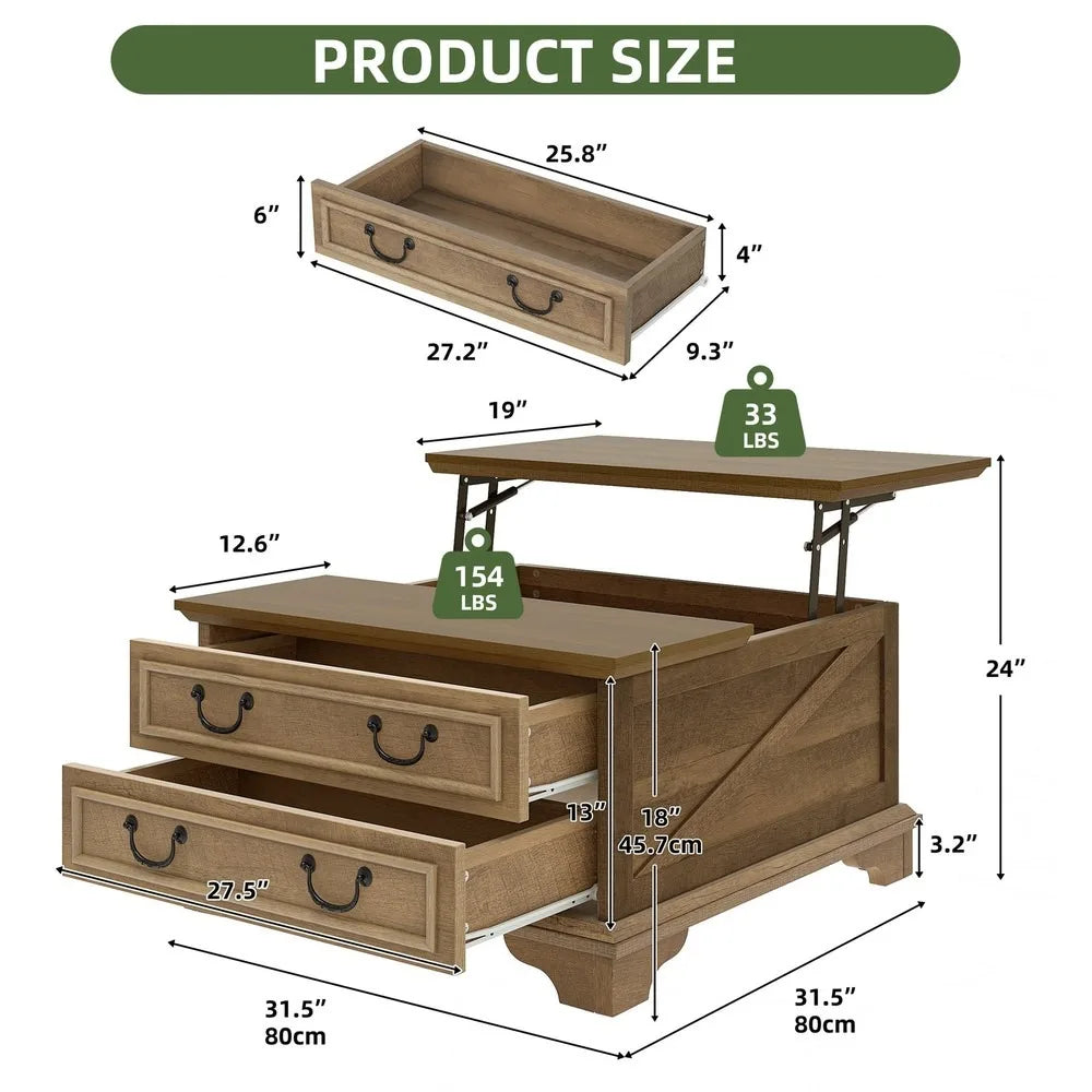 Farmhouse Square Lift-Top Coffee Table Large with Hidden Compartment