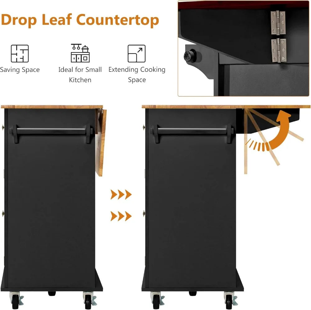 Kitchen Cart with Wood Top and Drop Leaf Breakfast Bar