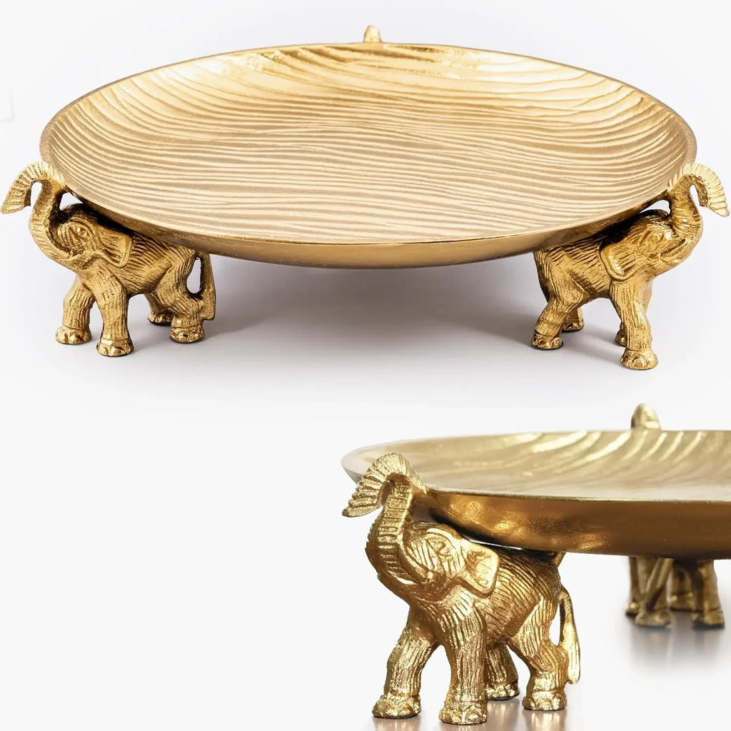 Round Decorative Tray with Elephant Stands, Golden
