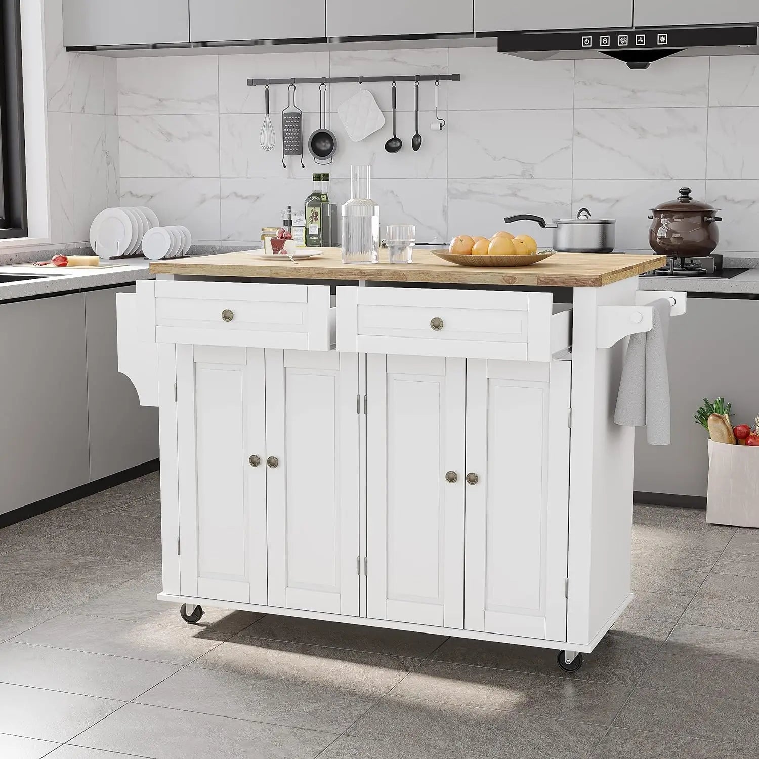 Kitchen Cart with Wood Top and Drop Leaf Breakfast Bar