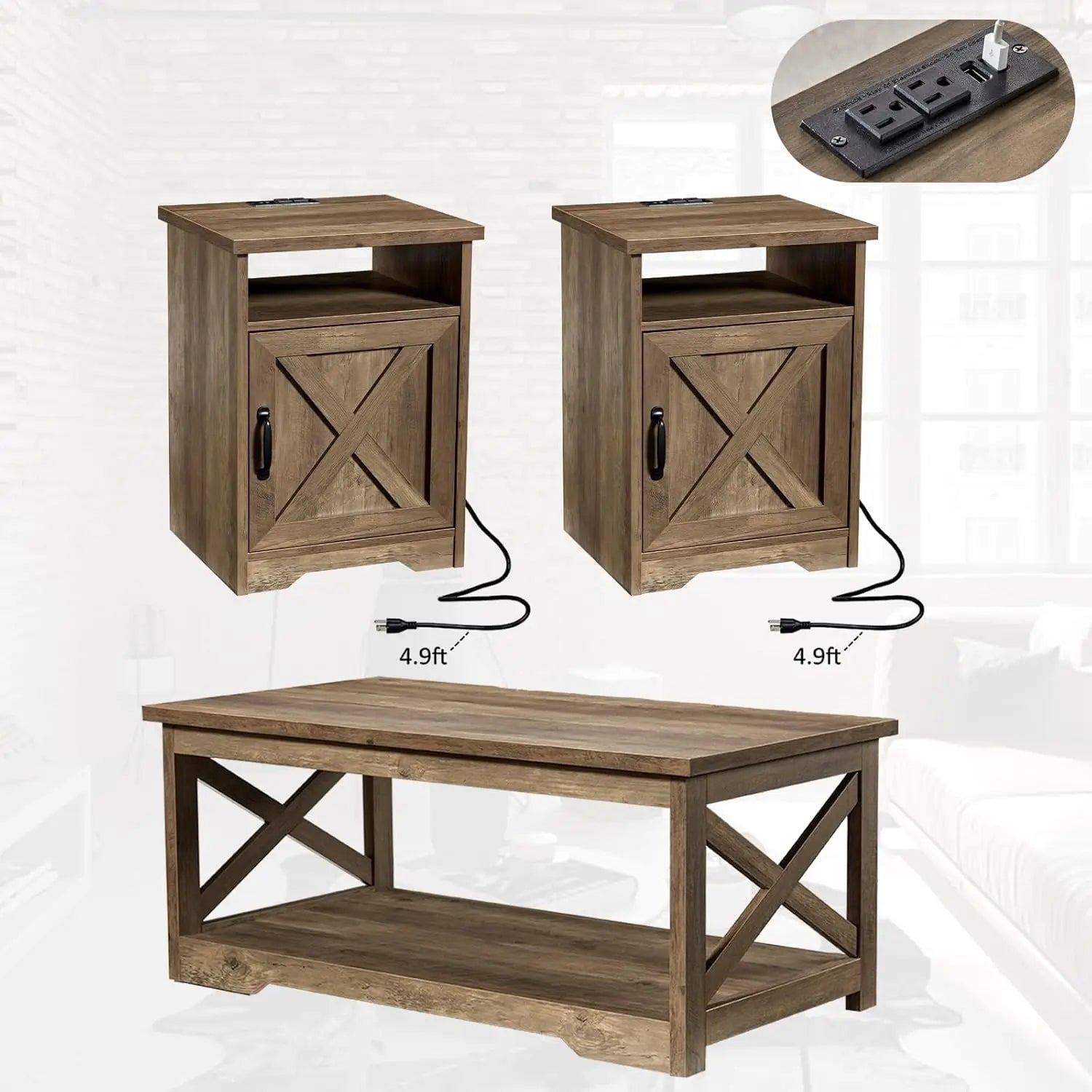 3-Piece Farmhouse Table Set - Coffee Table & 2 End Tables with Charging Station & USB Ports
