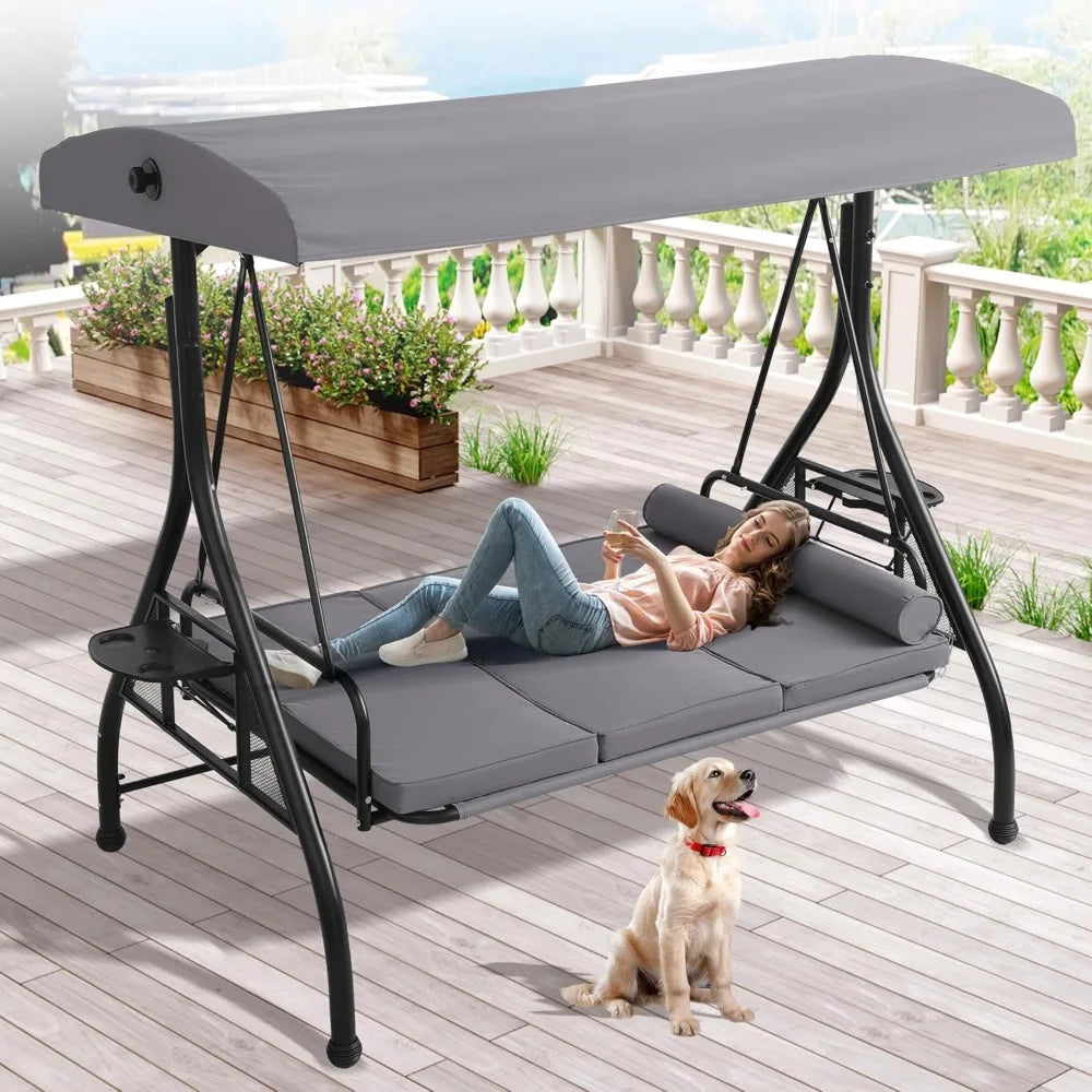 3 Person Outdoor Porch Swing with Canopy and Stand