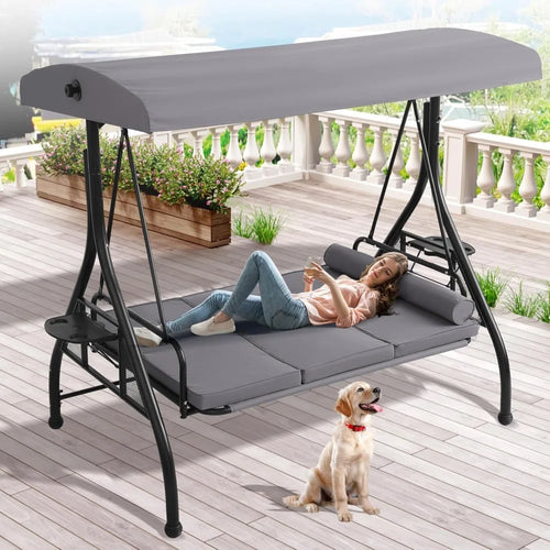 3 Person Outdoor Porch Swing with Canopy and Stand