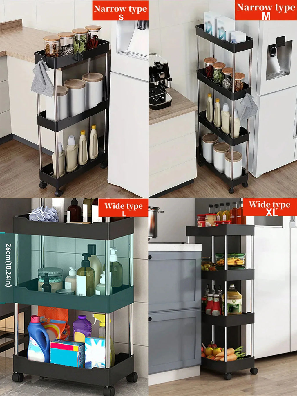 1pcs 3/4 Tier Rolling Utility Cart Storage Shelf