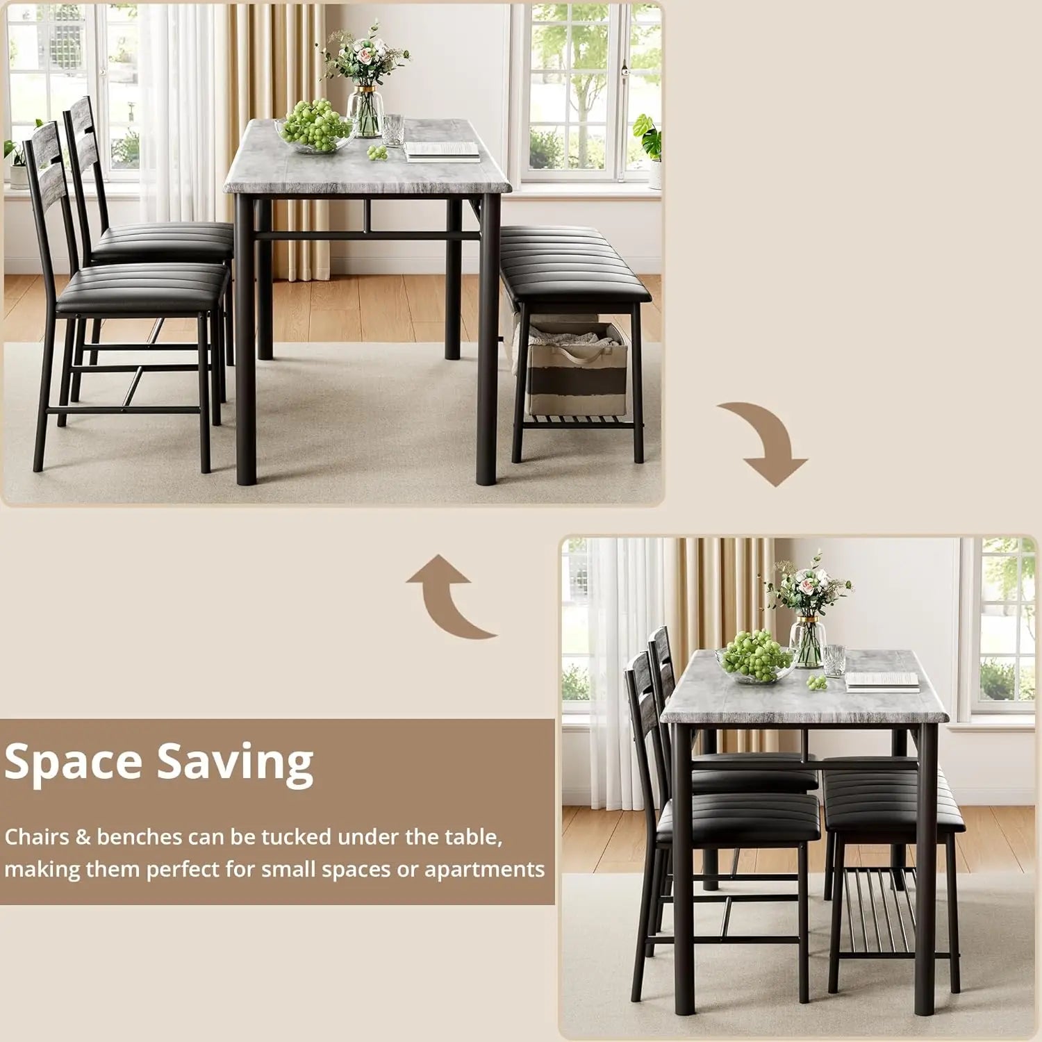 Dining Table Set for 4, Kitchen Table and Chairs and Bench Set for Small Space
