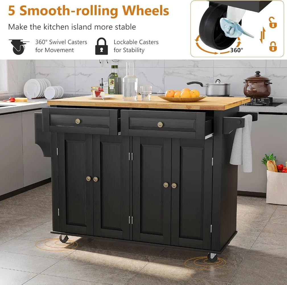 Kitchen Cart with Wood Top and Drop Leaf Breakfast Bar