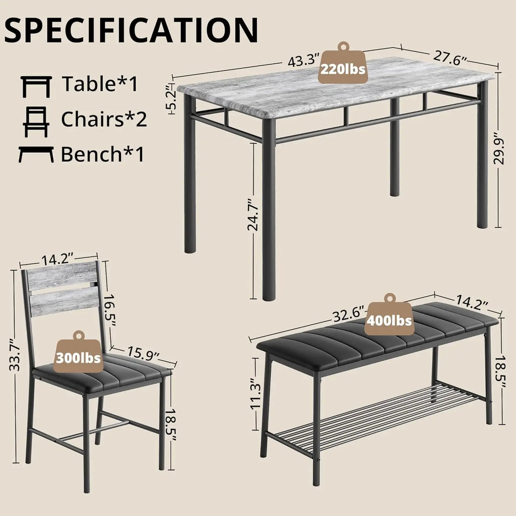 Dining Table Set for 4, Kitchen Table and Chairs and Bench Set for Small Space