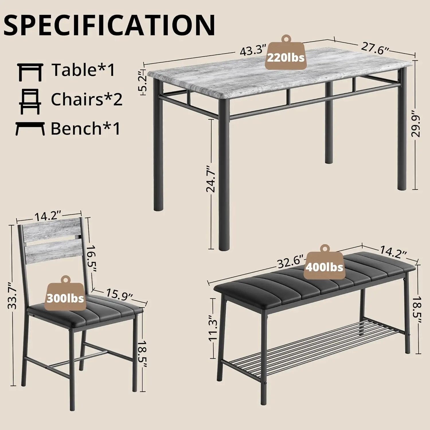 Dining Table Set for 4, Kitchen Table and Chairs and Bench Set for Small Space