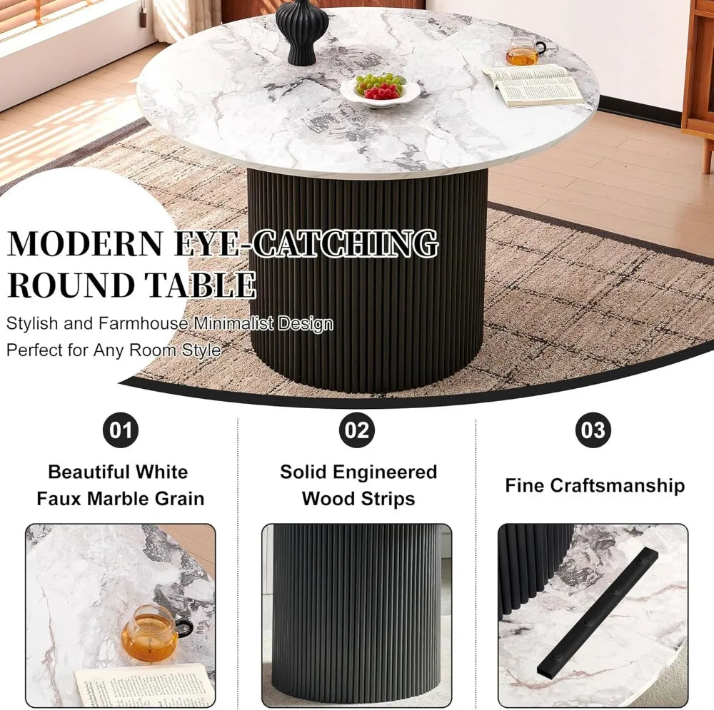 Modern Round Dining Table for 4-6, White Marble Top with Fluted Base