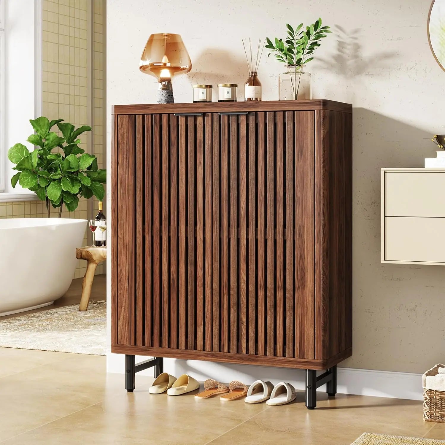 6-Tier Bathroom Floor Cabinet with 2 Shutter Doors, Wooden Bathroom Storage Cabinet with Adjustable Shelves