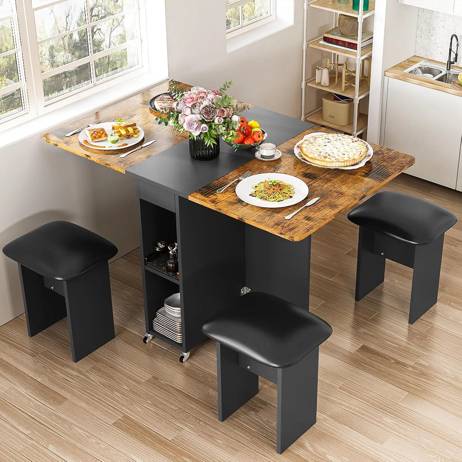 Folding Dining Table Set for 4, Leather Chairs and Shelves, Space Saving Foldable Dining Table