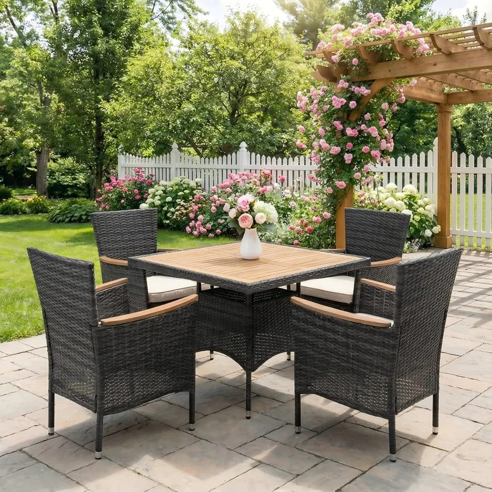 5 Pcs Outdoor Patio Table and Chairs with Acacia Wood Tabletop