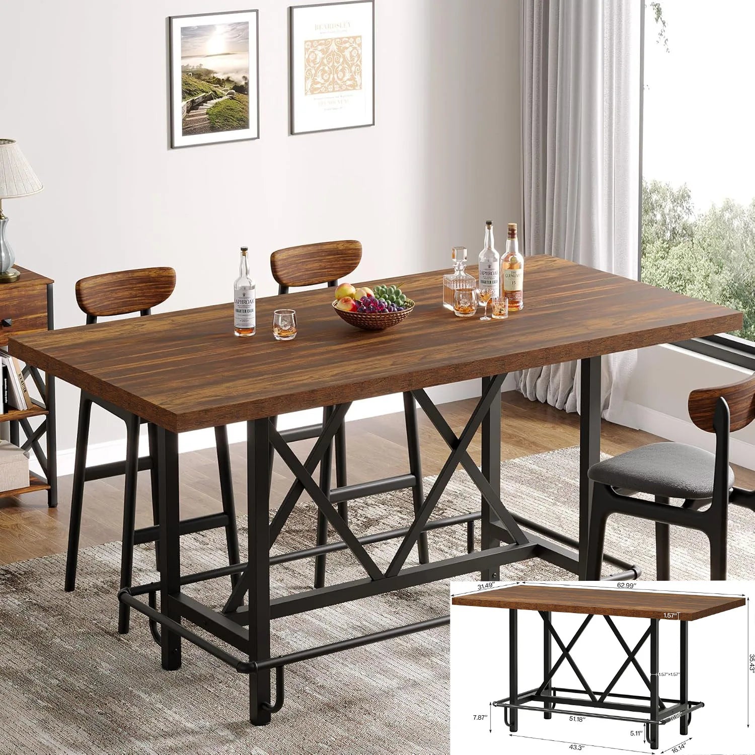 63-inch Dining Table for 4-6, Farmhouse Kitchen Table with Large Tabletop
