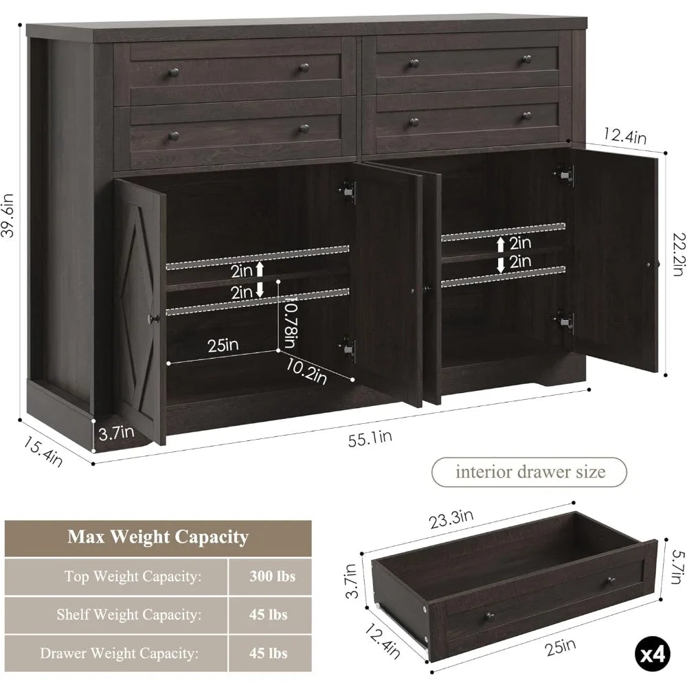 Coffee Bar with 4 Large Drawers, Buffet Cabinet with Storage