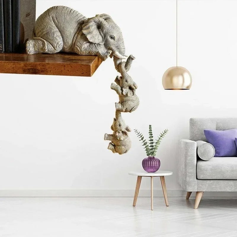 3pcs/set Cute Elephant Figurines Mother Elephant Holding Baby Elephant Hanging Off The Edge of Shelf