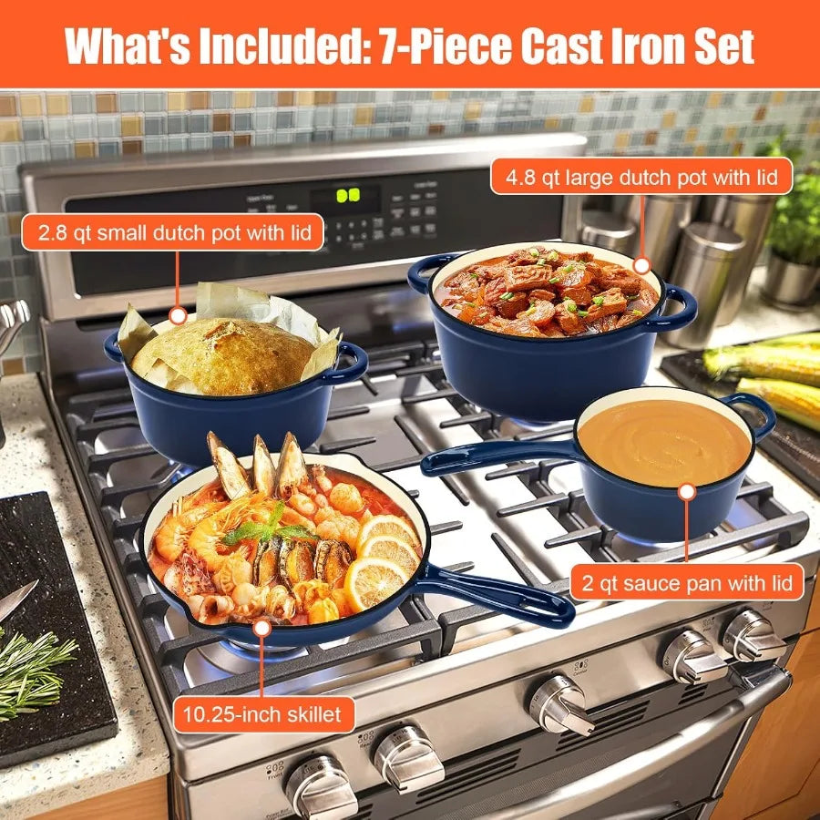 Nonstick Enameled Cast Iron Cookware Set 7Pcs Pots and Pans with Lid Healthy Round Dutch Oven