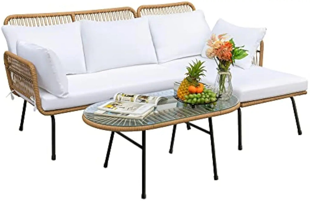 Outdoor L-Shaped Rope Sofa Set with Table & Cushions