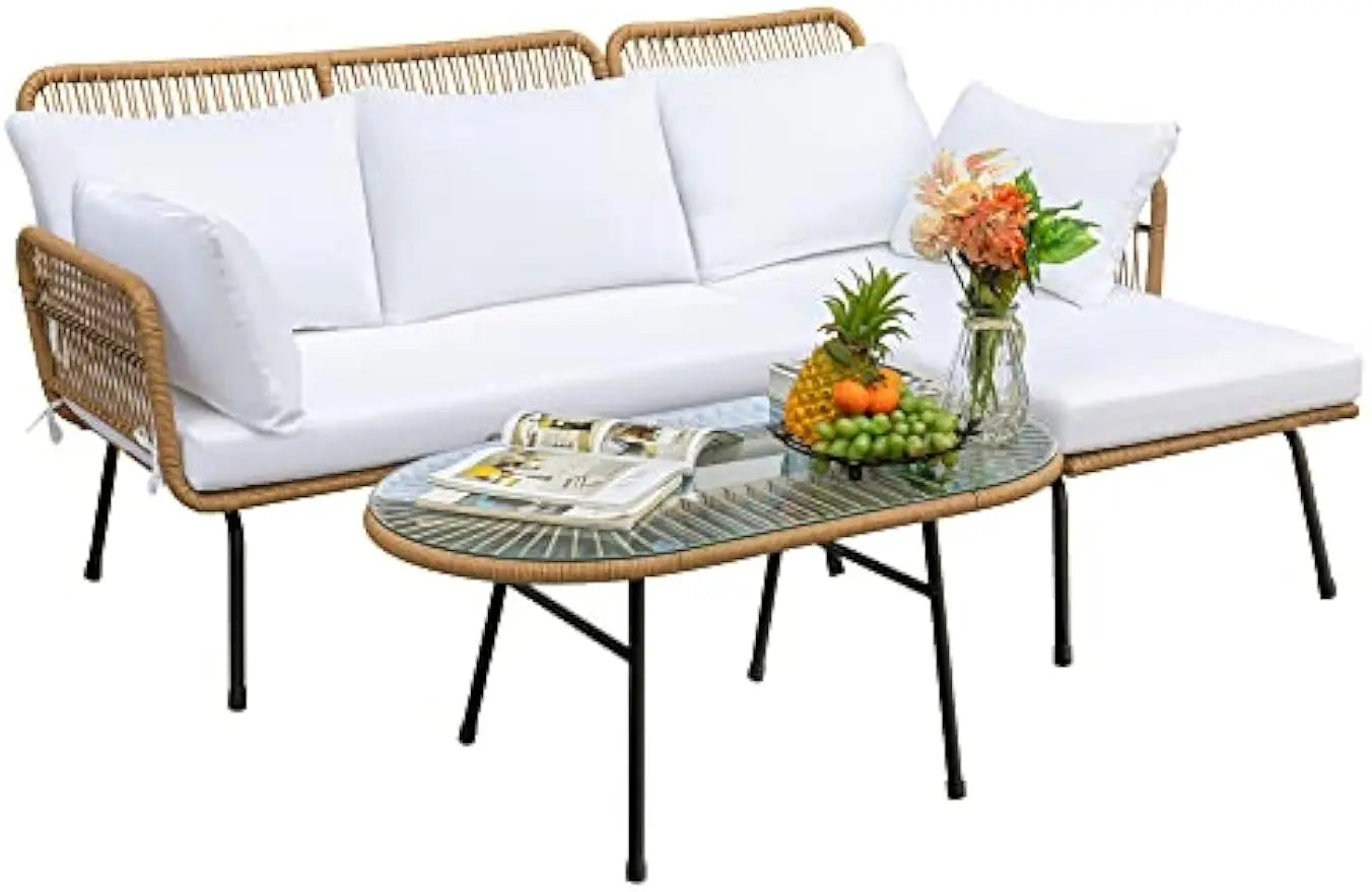 Outdoor L-Shaped Rope Sofa Set with Table & Cushions