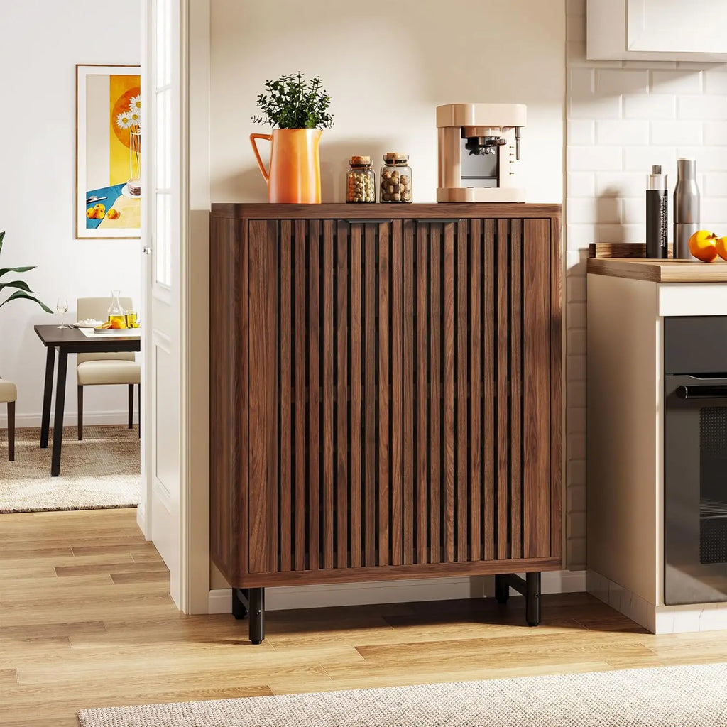 6-Tier Bathroom Floor Cabinet with 2 Shutter Doors, Wooden Bathroom Storage Cabinet with Adjustable Shelves