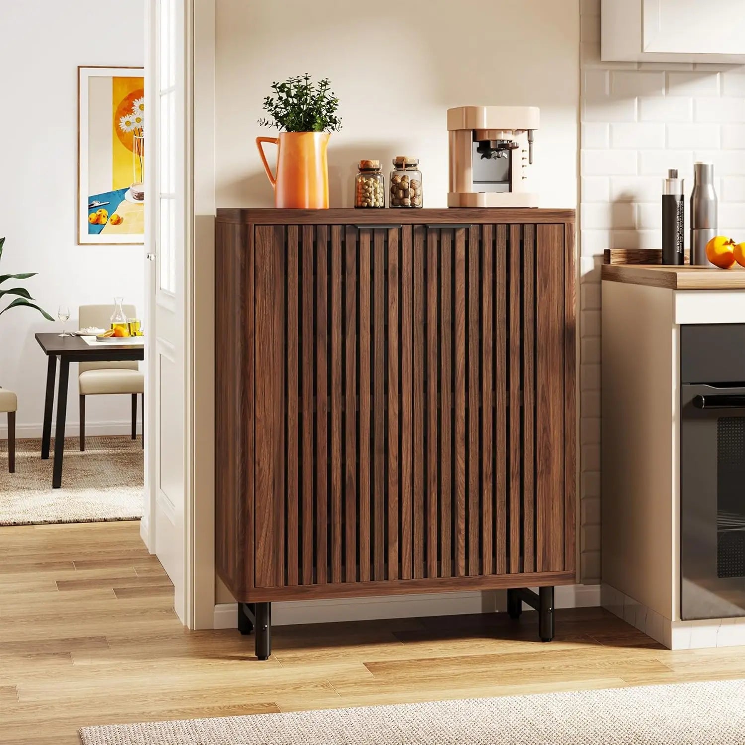 6-Tier Bathroom Floor Cabinet with 2 Shutter Doors, Wooden Bathroom Storage Cabinet with Adjustable Shelves