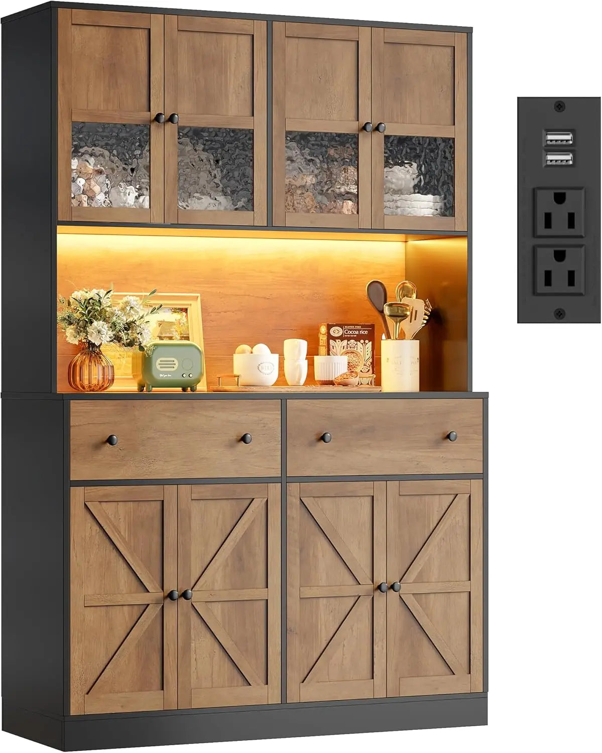 71 Inch Pantry with LED Light and Charging Station