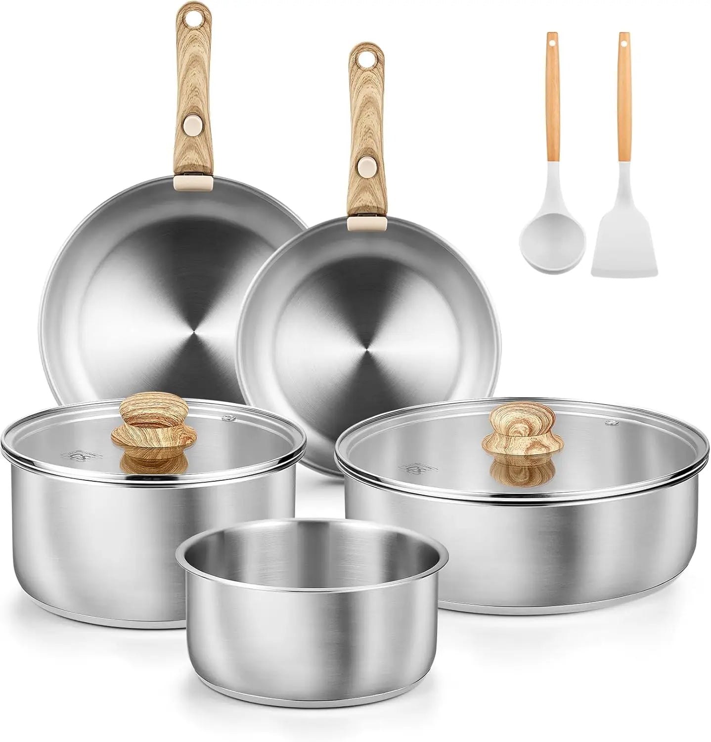 Stainless Steel Cookware Set, 18/10 Stainless Steel Pots and Pans Set 11PCS, Detachable Handle Pots and Pans for Easy Storage