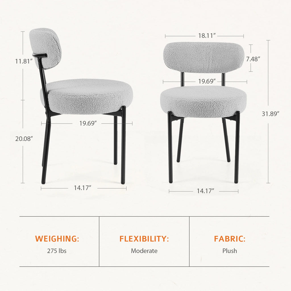 Round Dining Chairs Set of 2 Plush Fabric Kitchen Chairs with Curved Backrest Metal Legs