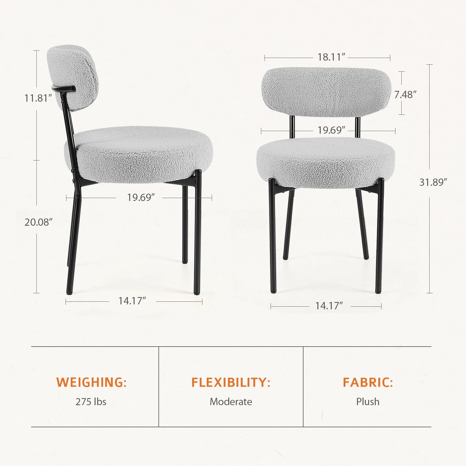 Round Dining Chairs Set of 2 Plush Fabric Kitchen Chairs with Curved Backrest Metal Legs