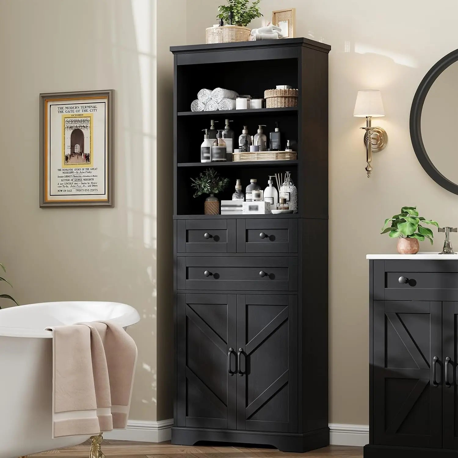 Farmhouse Bathroom Cabinet, 70" Tall Bathroom Storage Cabinet with 3 Drawers, Adjustable Shelves & Doors, 3 Tier