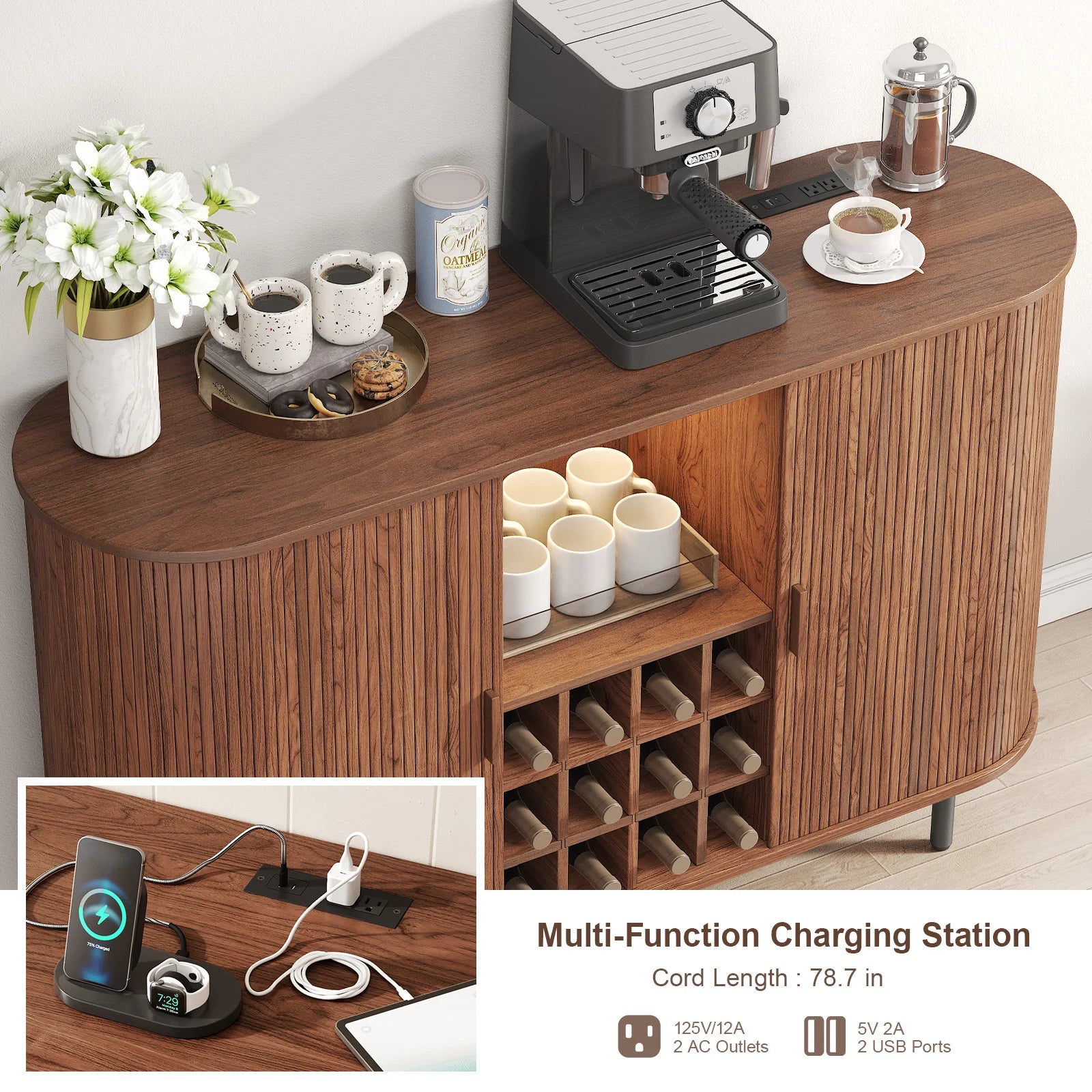 Wine Bar Cabinet w/ LED Light, Liquor Cabinet ,Coffee Bar Cabinet w/ Wine Rack & Glass Holder, Walnut Buffet Sideboard