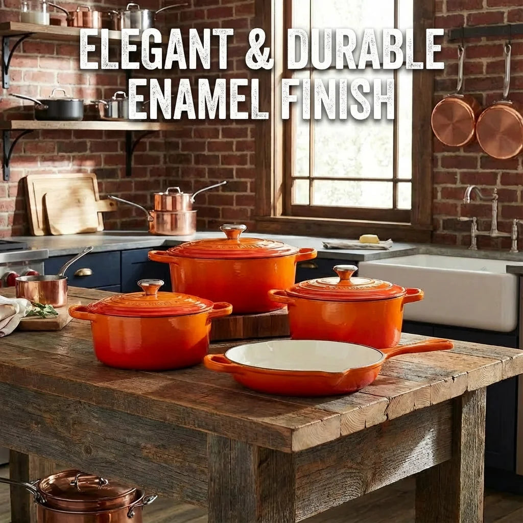 Enameled Cast Iron Cookware Set 4-Piece, 3 Round Dutch Ovens & 1 Skillet: 8 Inch (2Qt), 9 Inch (3Qt), 9.5 Inch (4Qt) & 10 Inch P