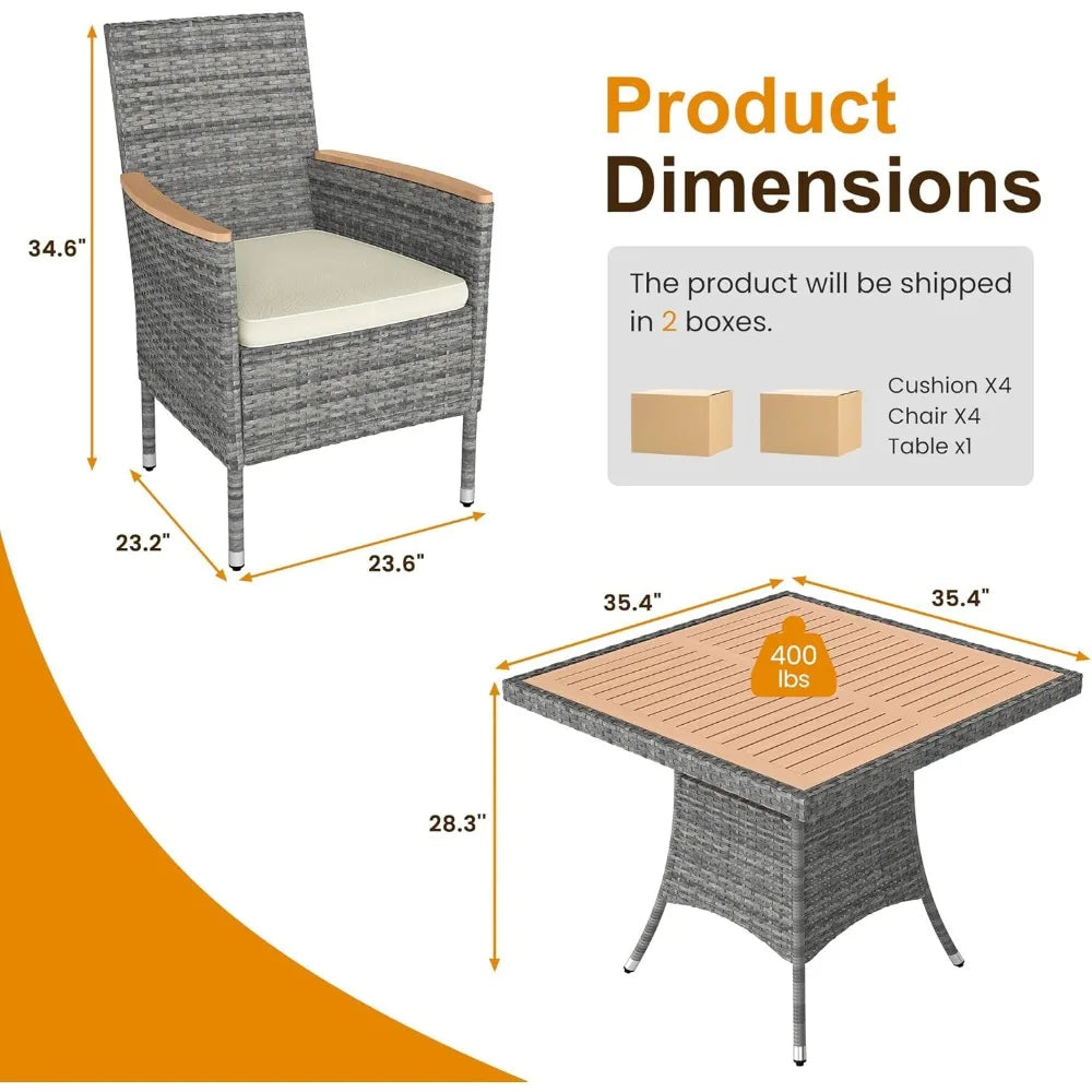5 Pcs Outdoor Patio Table and Chairs with Acacia Wood Tabletop
