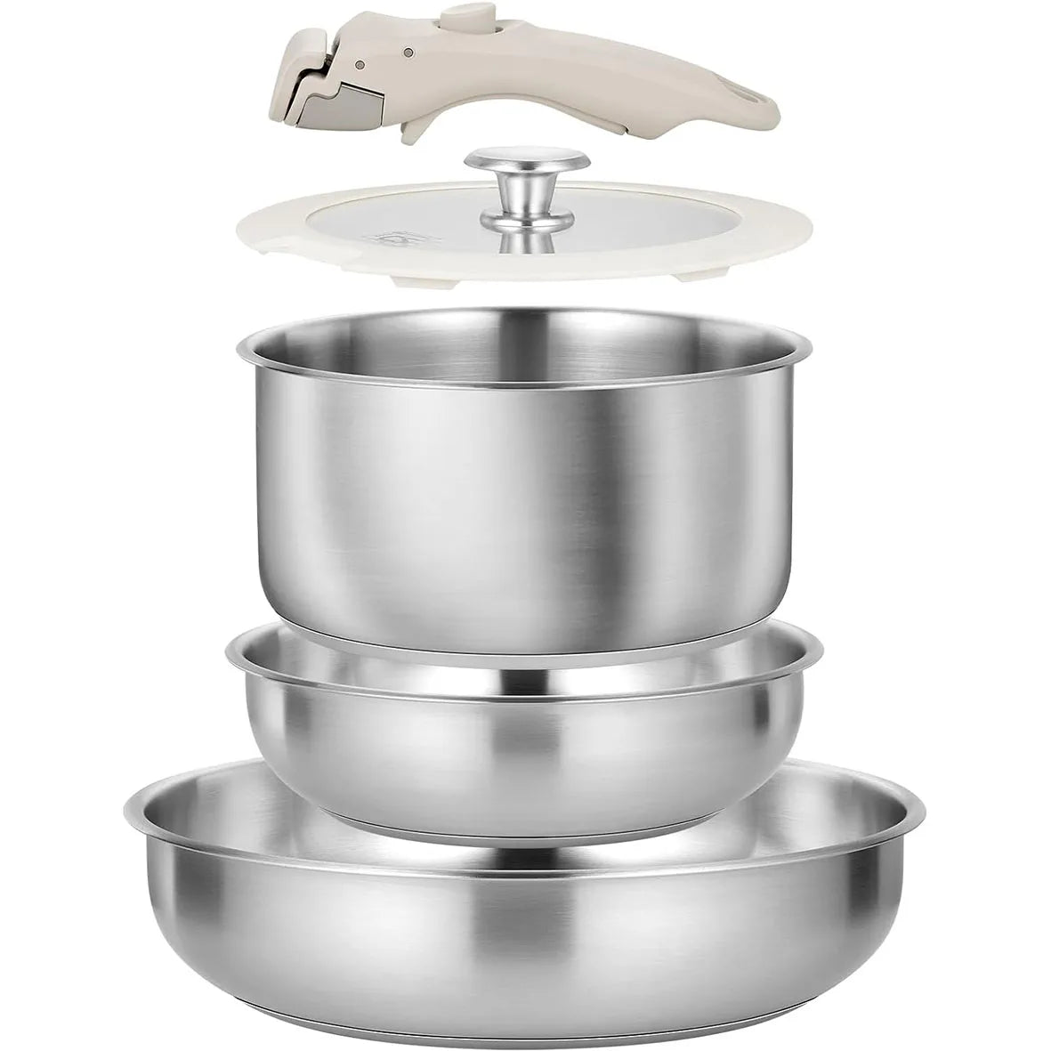 Stainless Steel Pots and Pans Set, 7 Piece Stainless Steel Cookware Set with Detachable Handle