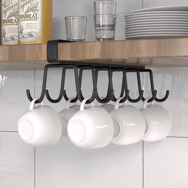 Cabinet Storage Rack Multifunctional Wardrobe Organizing Rack 6/12 Hooks Kitchen Cup Holder No Punching Storage Rack Organizer