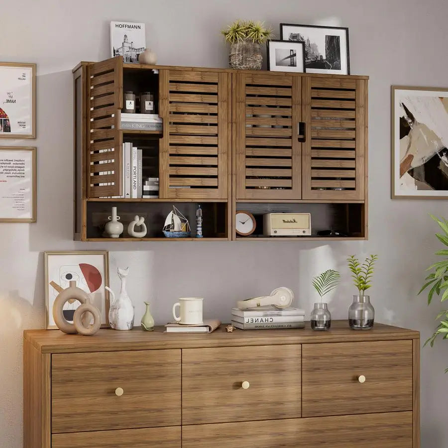 Bathroom Cabinet Wall Mounted, Bamboo OverTheToilet Storage Organizer, Space Saver Medicine Cabinet with 2 Doors