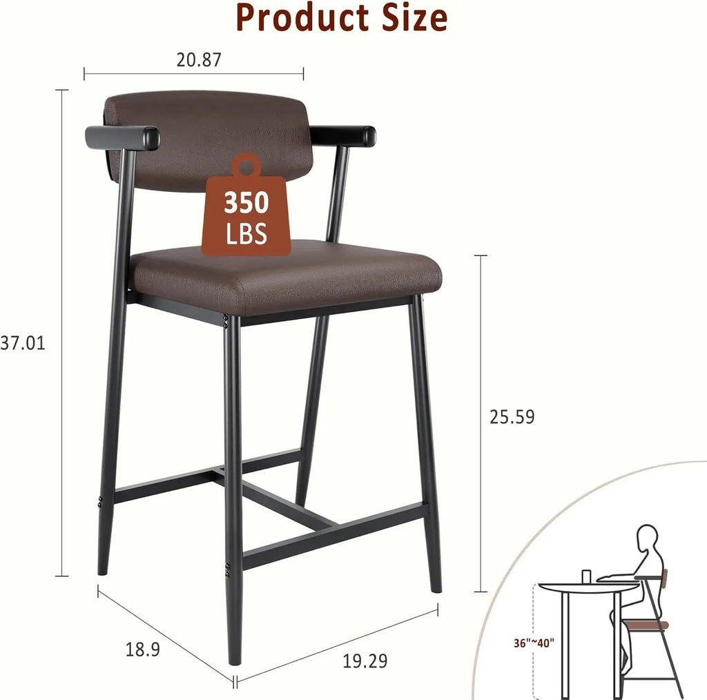 2Pcs Counter Height Bar Stools Comfortable Fully Upholstered Faux Leather Seat m