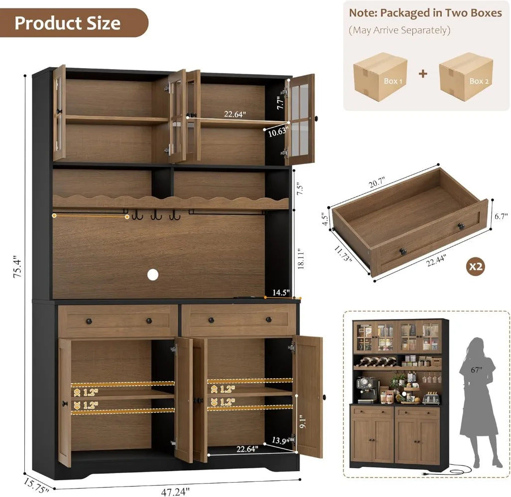 75.4" Tall Kitchen Pantry Cabinet with Charging Station