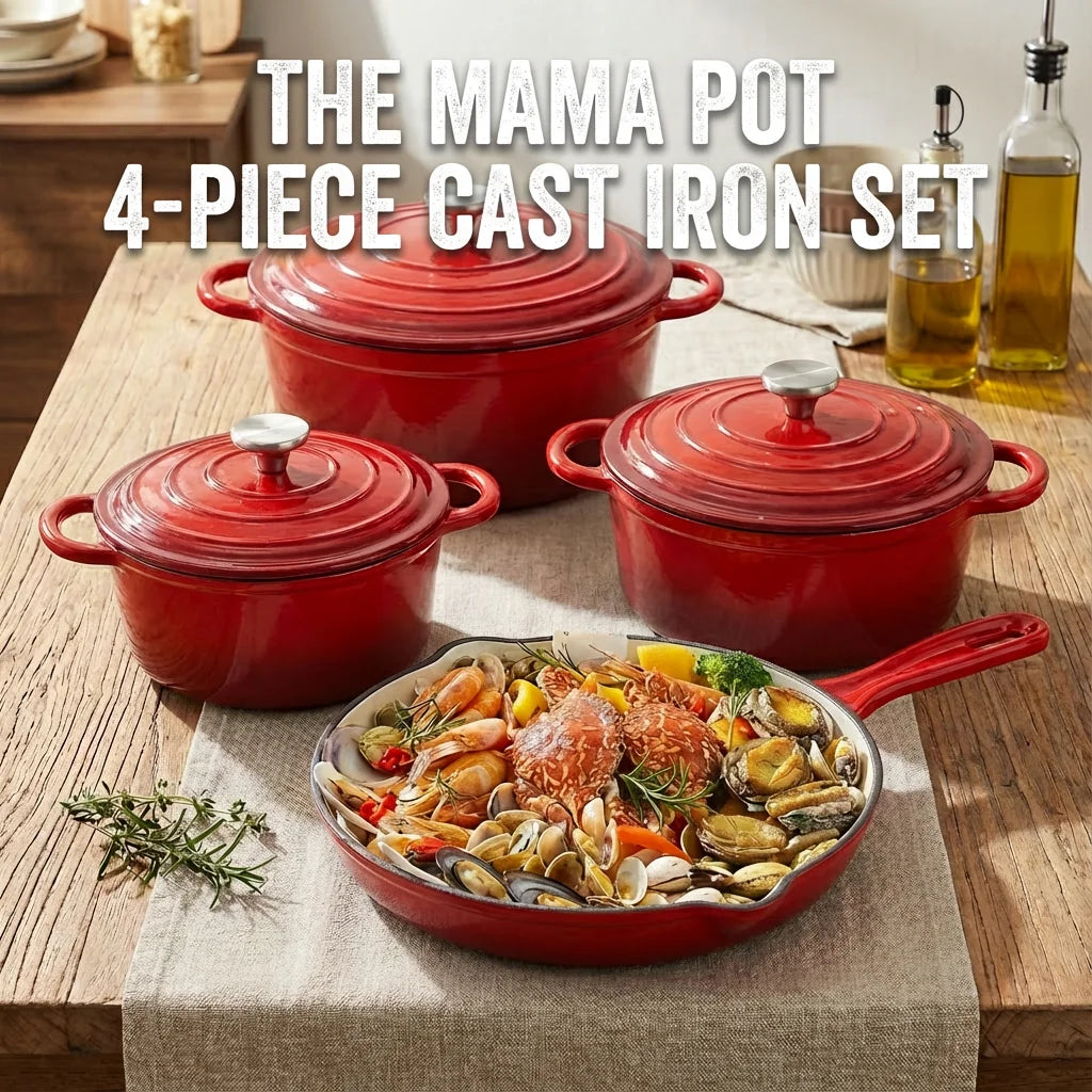 Enameled Cast Iron Cookware Set 4-Piece, 3 Round Dutch Ovens & 1 Skillet: 8 Inch (2Qt), 9 Inch (3Qt), 9.5 Inch (4Qt) & 10 Inch P