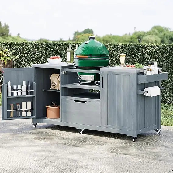 Outdoor Kitchen Island for Big Green Egg Grills, with Solid Wood Outdoor Grill Table and Stainless Steel Top