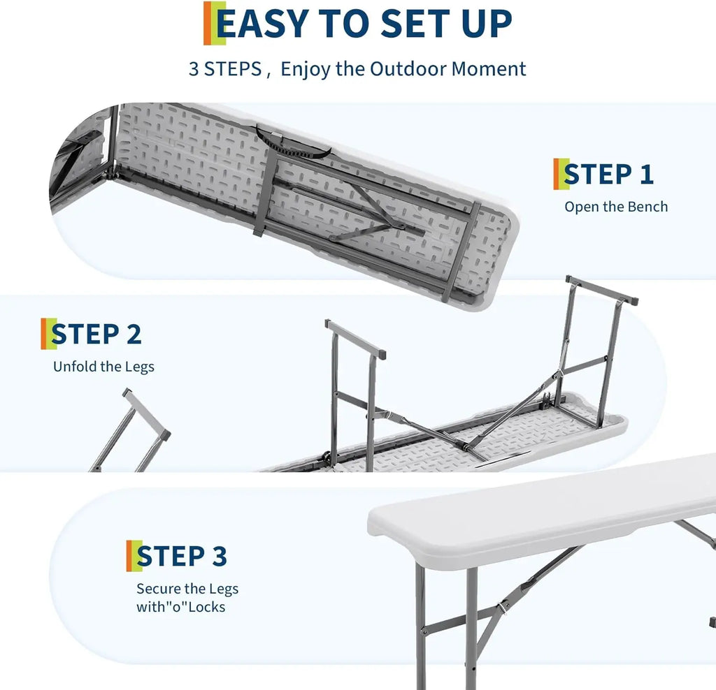 6Ft Plastic Folding Bench, 2 Pack HDPE Portable Folding Outdoor Benches w/Carrying Handle