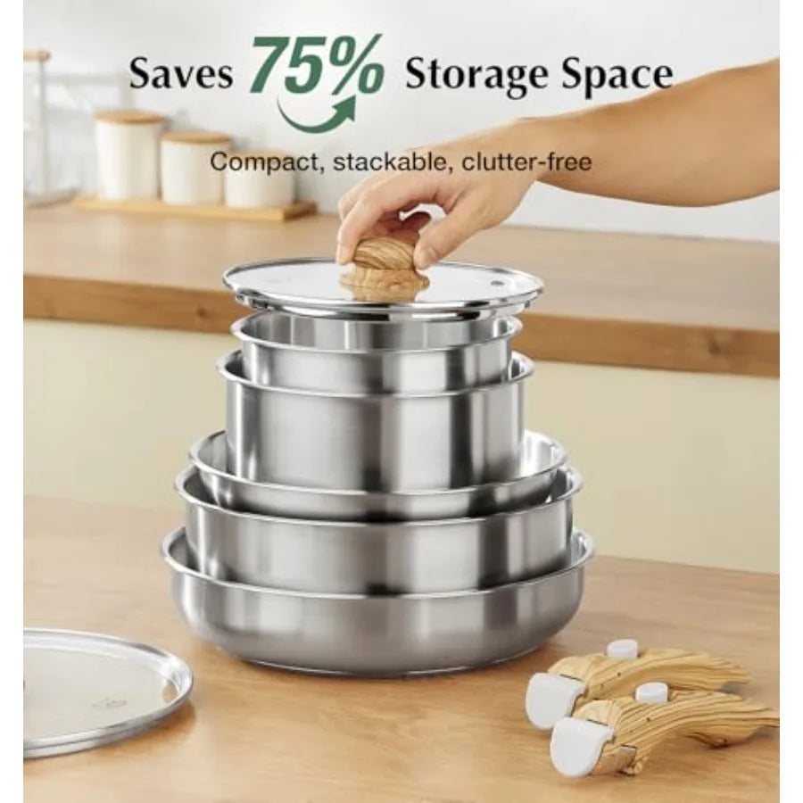 18 10 Stainless Steel Cookware Set 11PCS with Detachable Handles