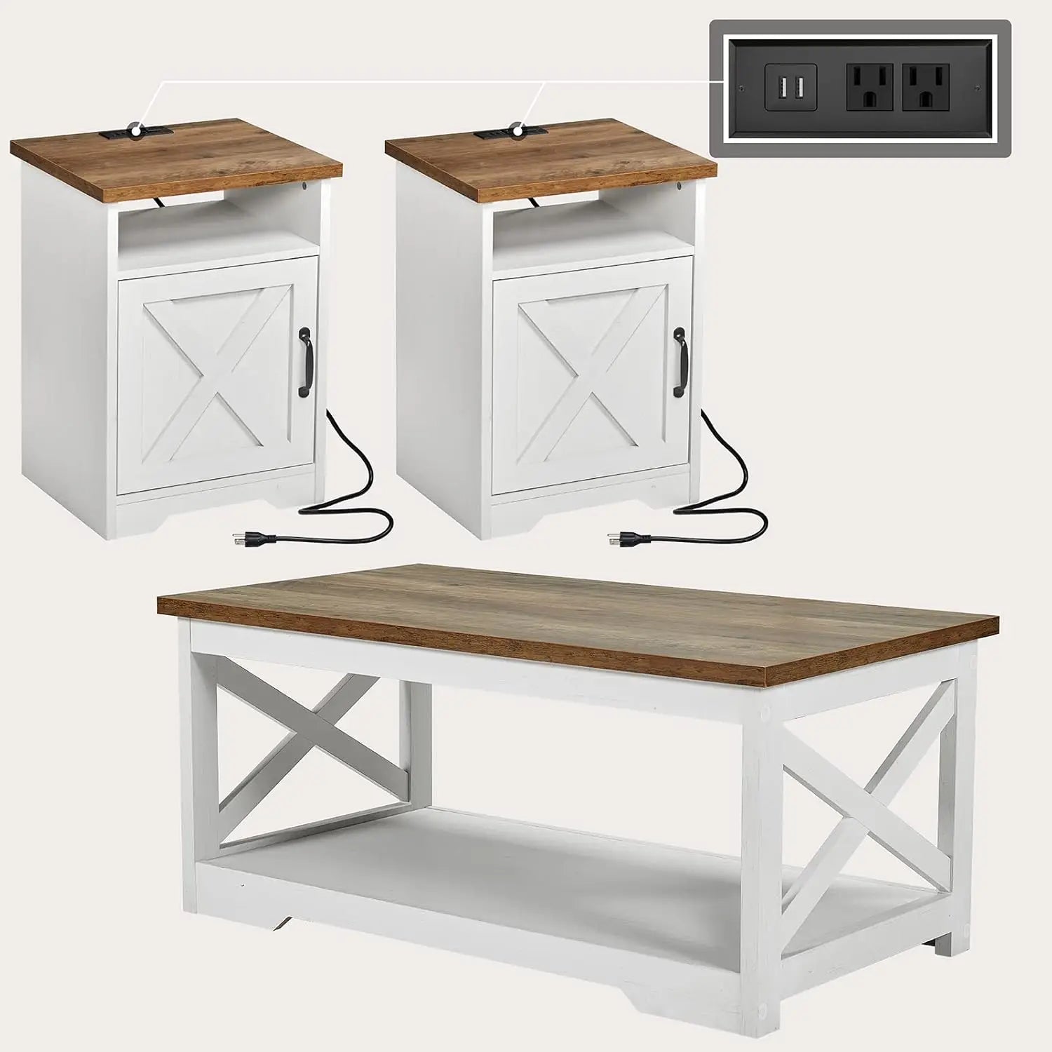 3-Piece Farmhouse Table Set - Coffee Table & 2 End Tables with Charging Station & USB Ports