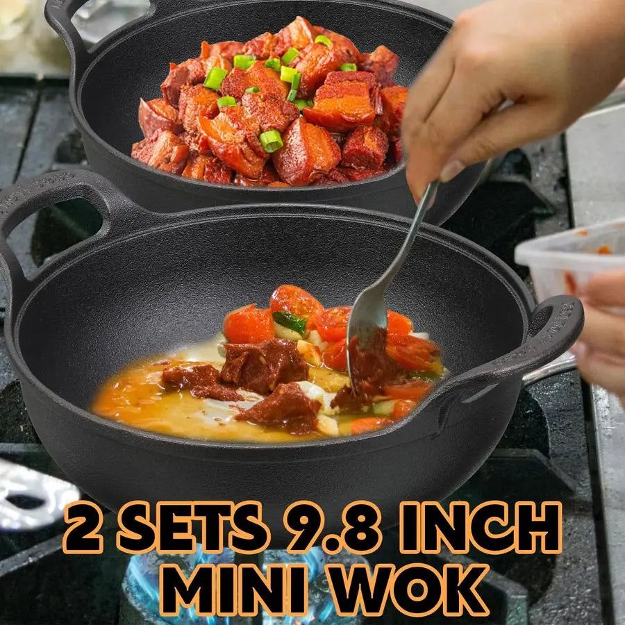 2 Sets Cast Iron Wok with Loop Handle 10 Inch Mini Wok