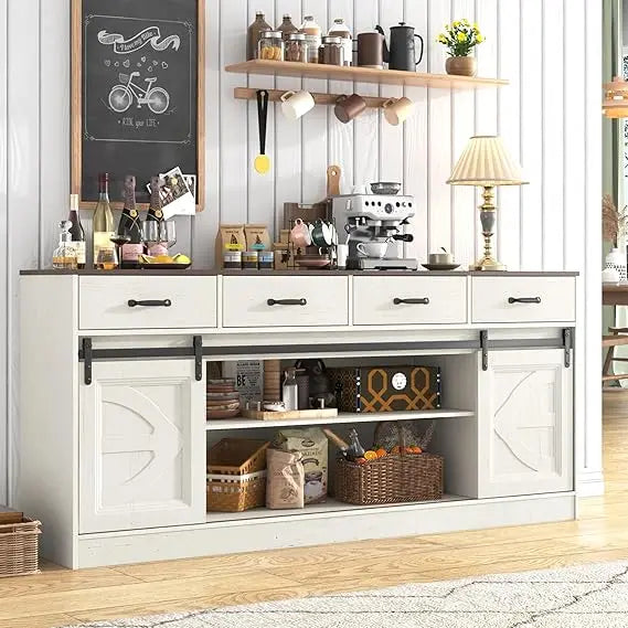 Farmhouse Style Buffet Cabinet with Sliding Doors, 4 Drawers, and Coffee Bar Feature