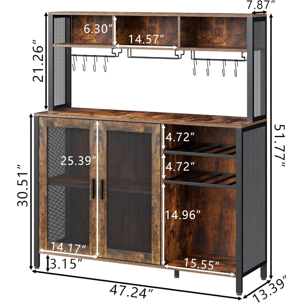 Wine Bar Cabinet with LED Light, Industrial Coffee Bar with Wine Rack & Glass Holder