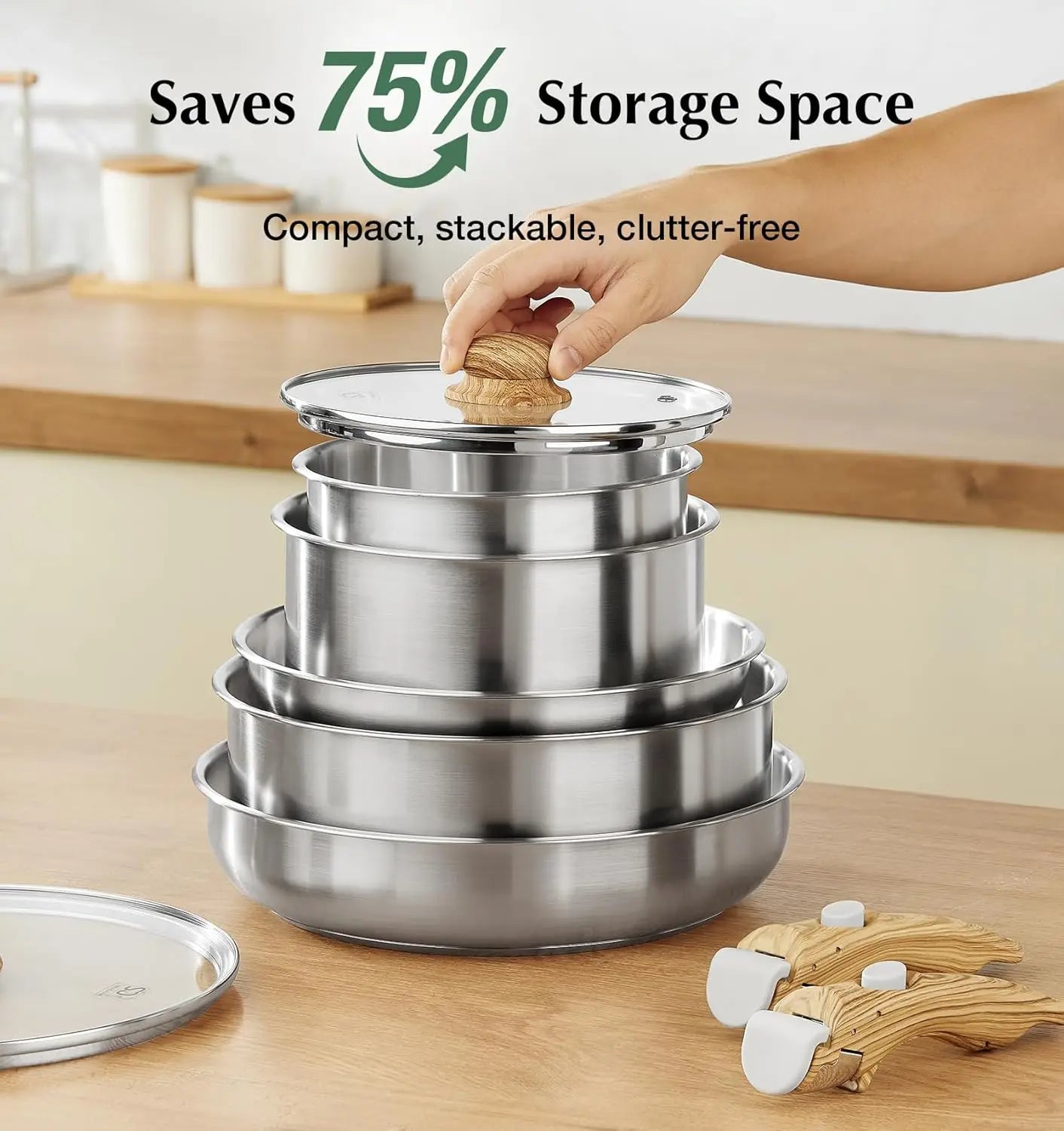 Stainless Steel Cookware Set, 18/10 Stainless Steel Pots and Pans Set 11PCS, Detachable Handle Pots and Pans for Easy Storage
