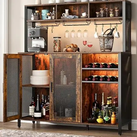 Wine Bar Cabinet with LED Light, Industrial Coffee Bar with Wine Rack & Glass Holder