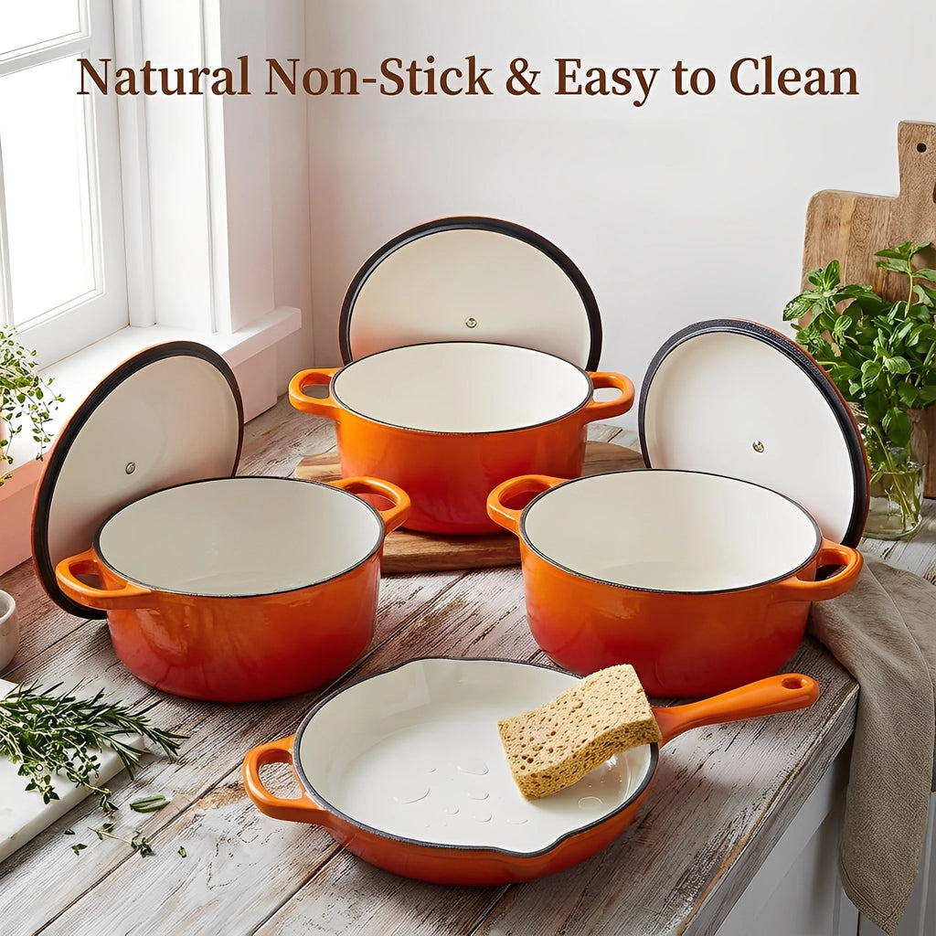 Enameled Cast Iron Cookware Set 4-Piece, 3 Round Dutch Ovens & 1 Skillet: 8 Inch (2Qt), 9 Inch (3Qt), 9.5 Inch (4Qt) & 10 Inch P