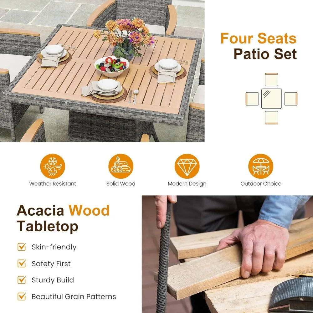 5 Pcs Outdoor Patio Table and Chairs with Acacia Wood Tabletop